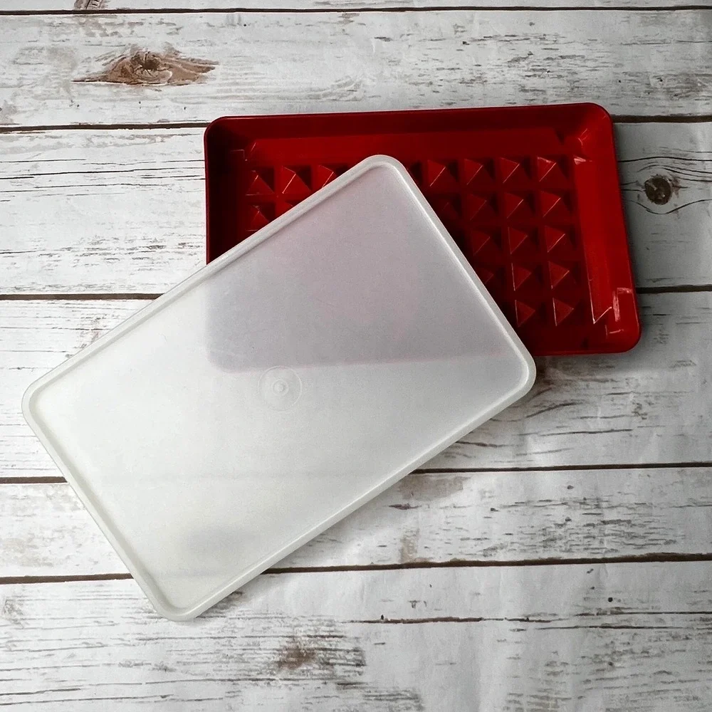 Tupperware Bacon Deli Meat Keeper Red‎ Base Sheer Lid 9.5x6.5x1.25 Vintage OS